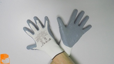 Перчатки нейлоновые 13 кл. белые с серым ДВУСЛОЙНЫМ нитриловым покрытием ЛЮКС EAC р.9 по оптовым ценам от производителя, с доставкой