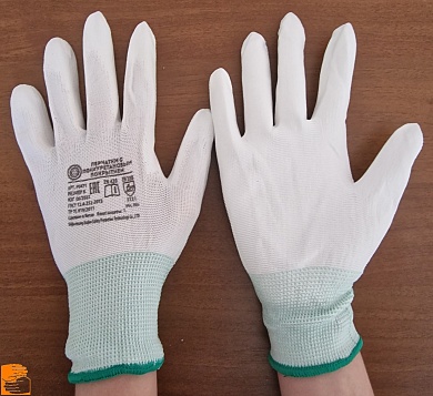 Перчатки нейлоновые белые 15 кл. с белым полиуретановым покрытием ИНЕЙ-PU ЛЮКС р. 9(L) (упаковка 1200 пар) по оптовым ценам от производителя, с доставкой