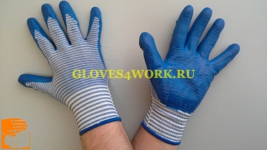 Перчатки нейлоновые 13 кл. белые с двуслойным синим нитриловым покрытием КОРСАР ЛЮКС по оптовым ценам от производителя, с доставкой
