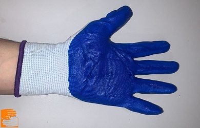 Перчатки нейлоновые белые с ДВУСЛОЙНЫМ синим нитриловым покрытием ЛЮКС по оптовым ценам от производителя, с доставкой